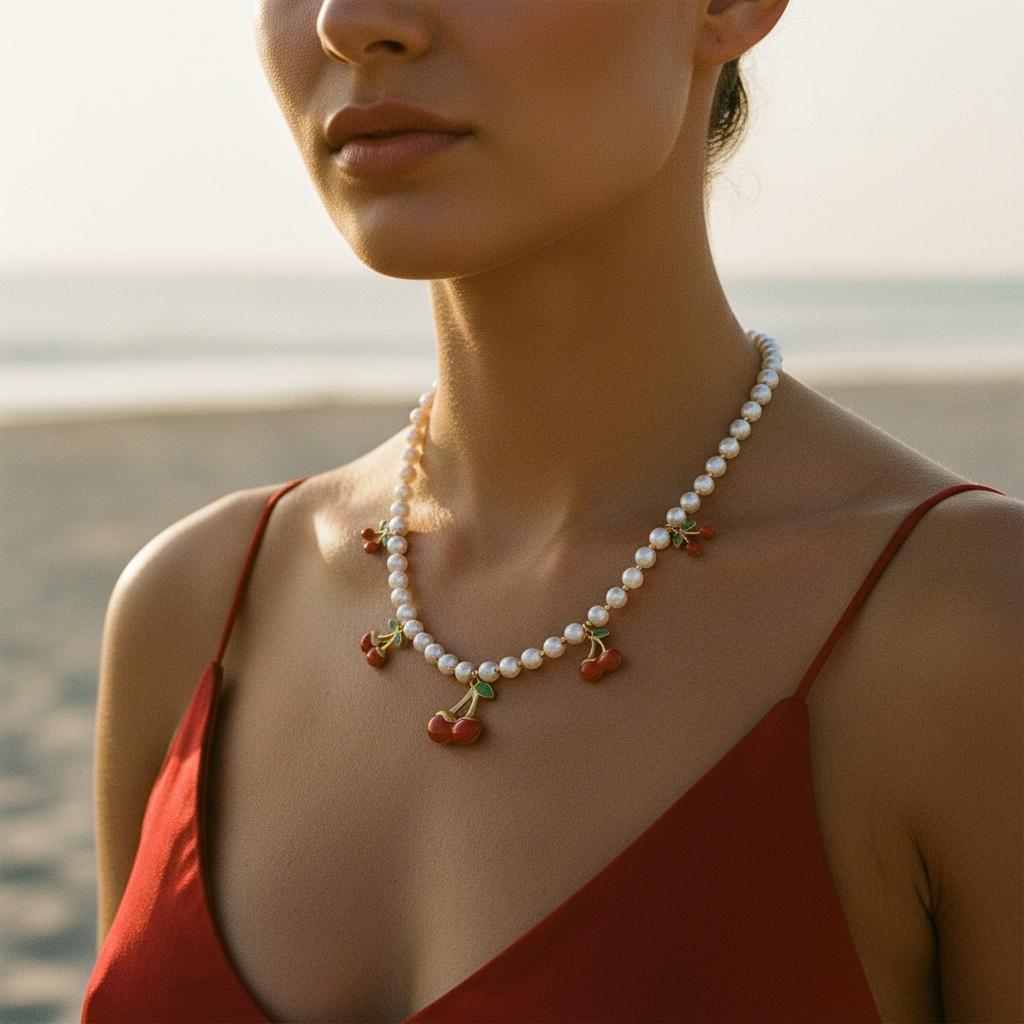 "Zarariah" Cherry In Pearl Chain Edelstahl Halskette