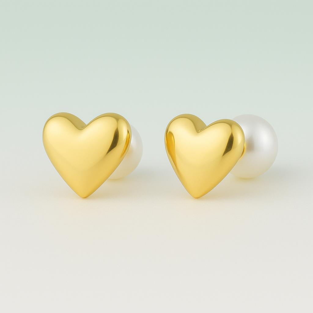 „Alurea“ – Front-Back-Ohrstecker mit Herz und Perle, gold- oder silberfarben